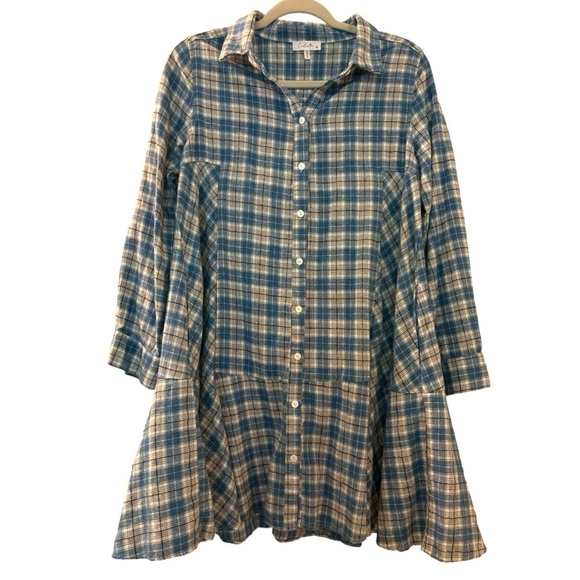 CALISTA buttondown light flannel dress, oversized, medium blue and gray plaid - Picture 1 of 10